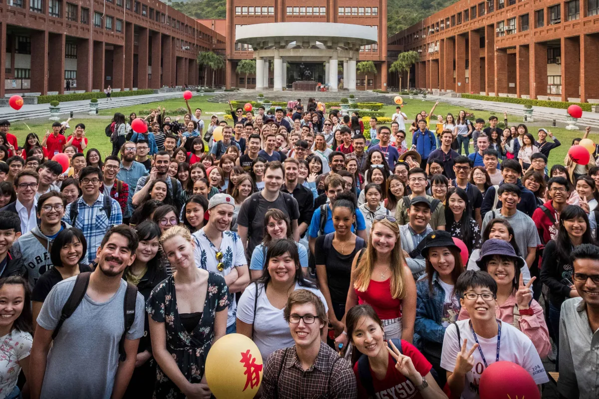 International students gathered in front of the NSYSU College of Social Sciences